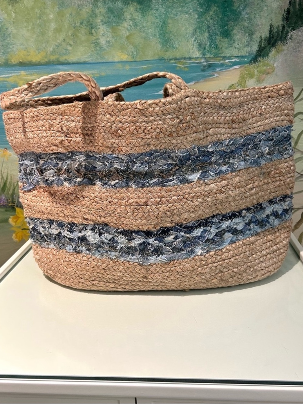 Magid Striped Woven Jute & Mixed Blue Denim Tote Bag.